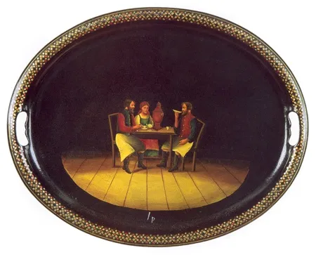 Подносик 'Чаепитие'. 1880-е. Мастерская В. О. Вишнякова.
