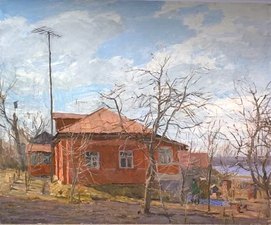 Грицай А.М. Красный дом. 1979. Бумага на оргалите, масло.59х69,5