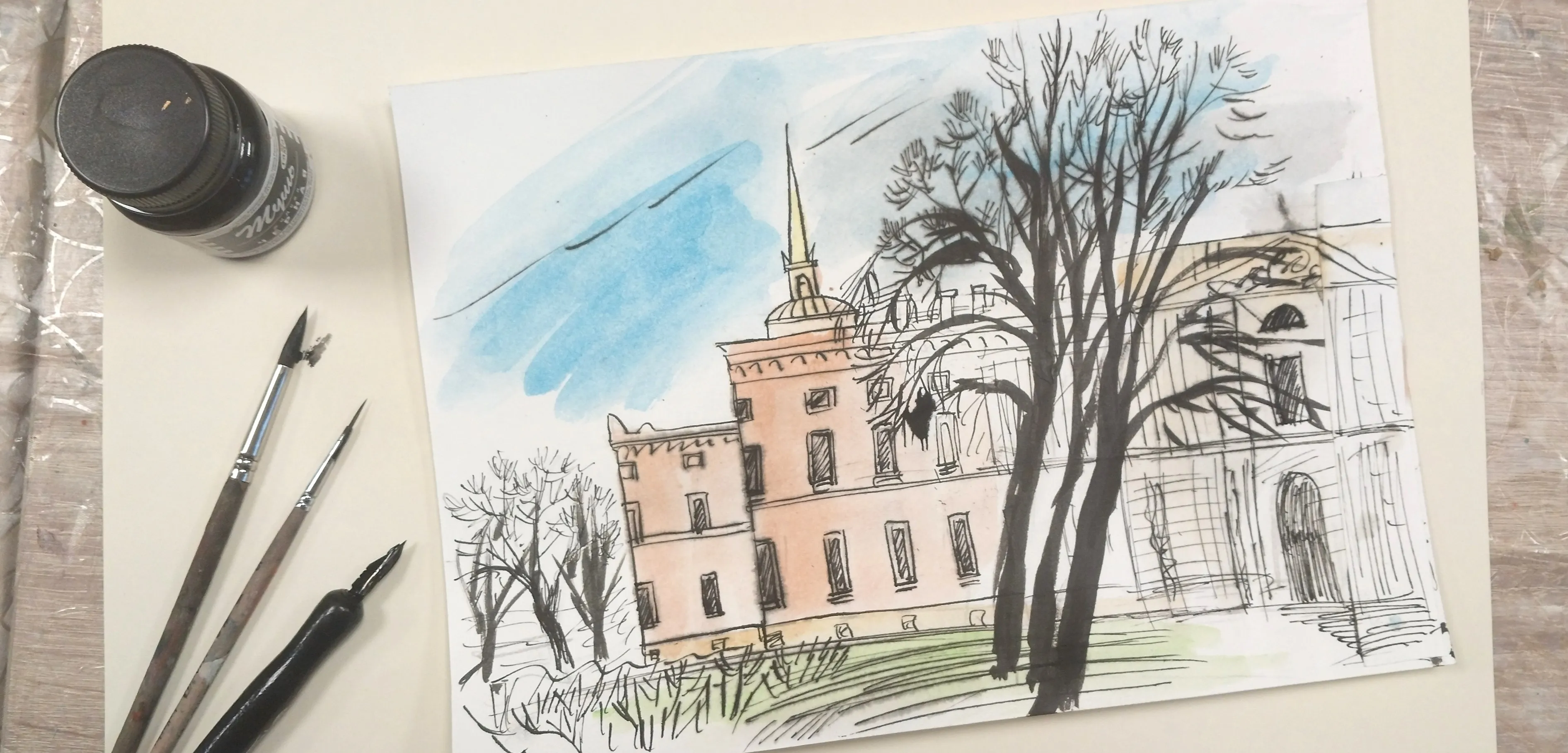 Мастер-класс «Тушь: знакомимся с художественным материалом. Вид Михайловского замка»