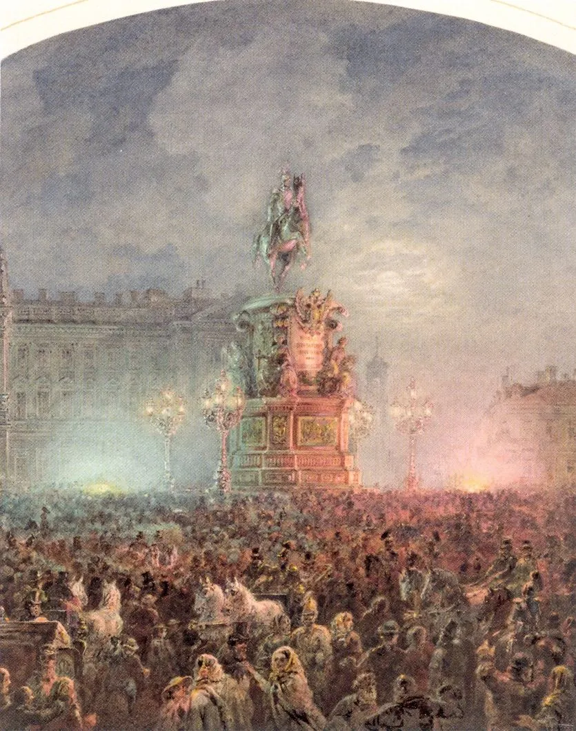 Василий Садовников. Открытие памятника Николаю I в Санкт-Петербурге. 1859. Бумага, акварель, гуашь, местами лак. 28,9 х 22,7. ГРМ
