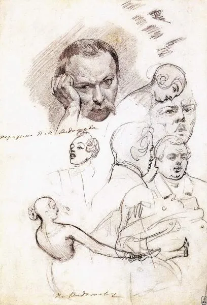 П.А. Федотов. Автопортрет и другие наброски. 1846–1847. Бумага, графитный карандаш