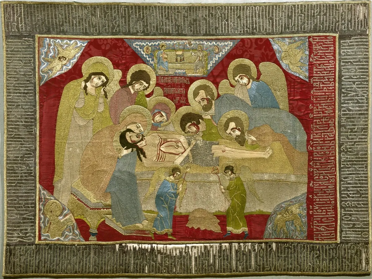 Плащаница. Положение во гроб. 1602. Строгановская мастерская. Камка, шелк, золотые и серебряные нити