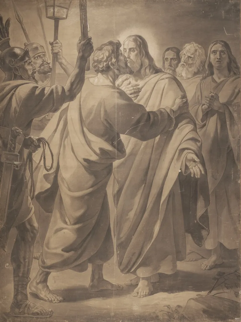 П.В. Басин. Лобзание Иуды. Картон. 1848–1850. Бумага грунтованная, дублированная на холст, уголь, мел. ГРМ.