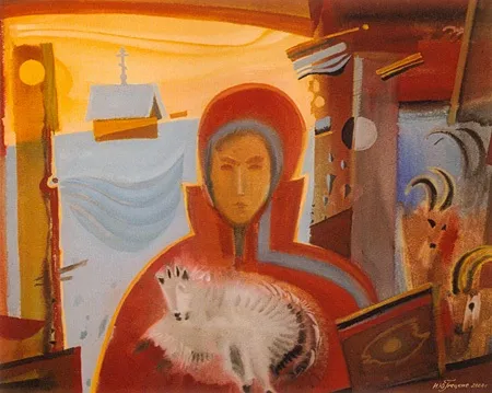 Женщина в красном из цикла Древняя земля. Бумага, акварель. 55 х 68. 2002