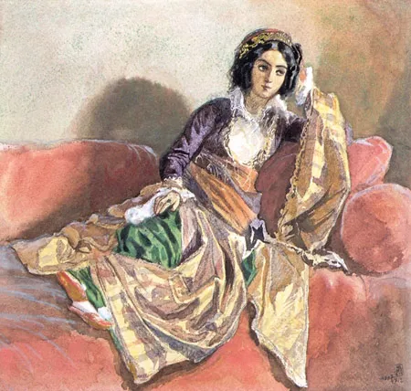 Молодая женщина в восточном костюме. Первая половина 1840-х. Бумага, акварель, гуашь. 27 х 28,8.