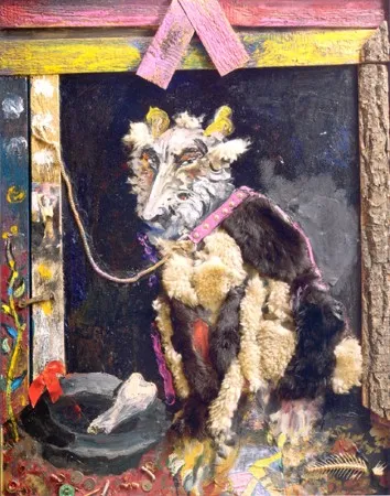«На привязи». Анималистический автопортрет. 2009. Холст, масло, коллаж. 100х80