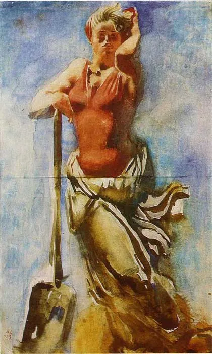 С лопатой. Из серии «Девушки метростроя». 1934. Бумага, акварель. 45,6 x 28,2. ГРМ.