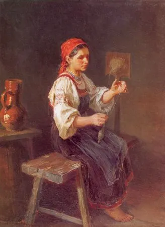 И. М. Прянишников. Пряха. 1878. Дерево, масло. 32 х 23,5