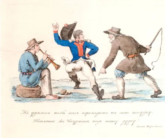 И.И. Теребенев. Наполеонова пляска. 1813. Бумага, офорт раскрашенный. И.: 13,2х25; л.: 31,5х36; д.: 20,8х26,3