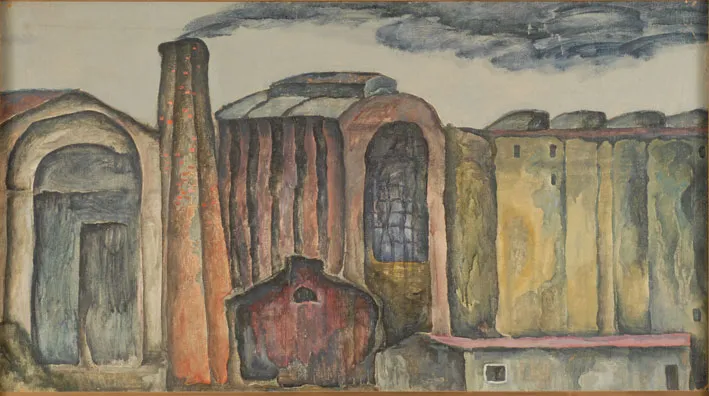 Александр Рапопорт. Завод. 1963 Оргалит, масло, картон. 67 х 120
