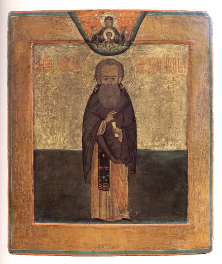 Преподобный Кирилл Белозерский. XVII, XIX век. Дерево (доска цельная), встречные шпонки. Темпера. 31,5 х 27 х 2,6. 