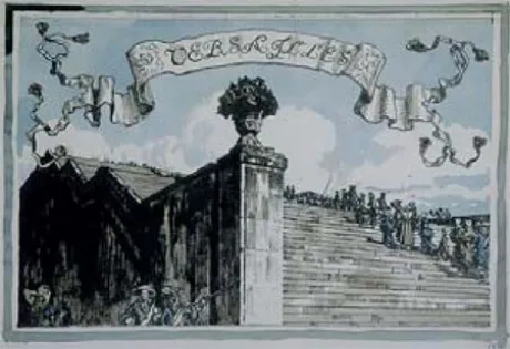А. Н. Бенуа. Из альбома “Версаль”. Пг., “Аквилон”, 1922. Обложка альбома «Версаль». Фотолитография, раскрашенная акварелью. Пробный оттиск