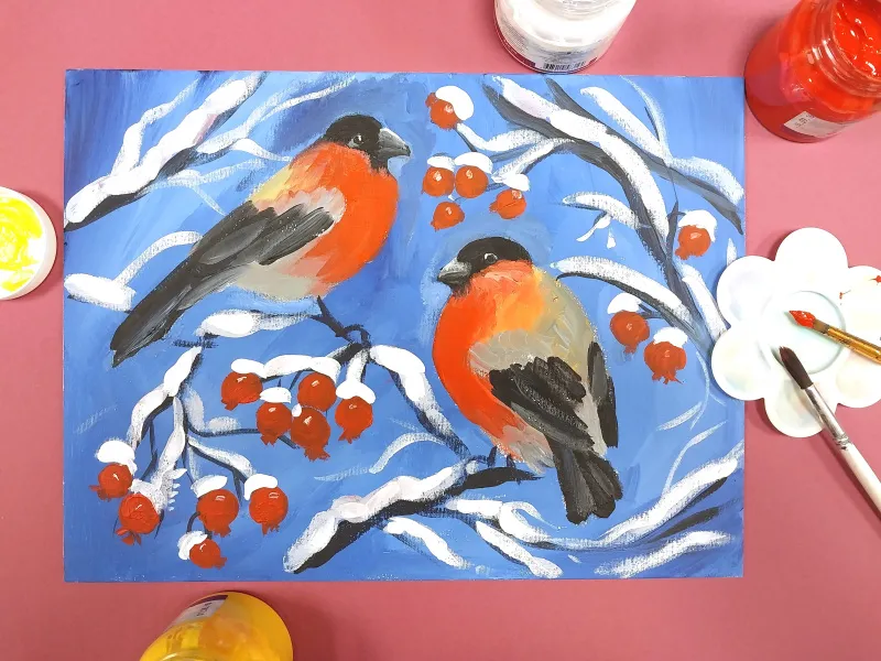 Мастер-класс по живописи акрилом на холсте «Снегири на ветках»
