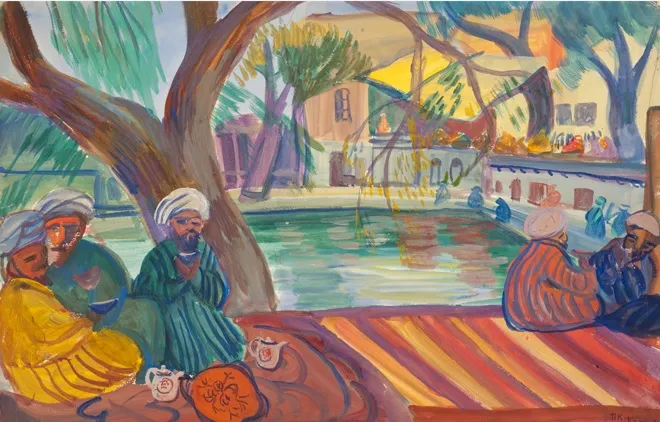П.Кузнецов. Чайхана. 1912. Из серии «Бухара». Бумага, акварель, темпера, угольный карандаш ГРМ