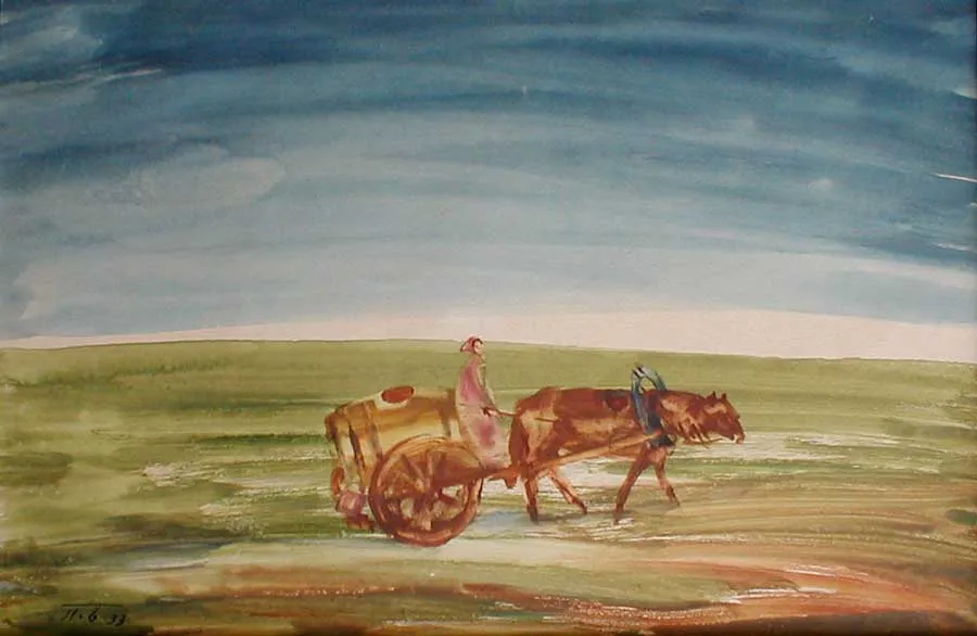 Басманов П.И. В степи. Водовозка. Сибирь. 1933. Бумага, акварель. И: 28,0х35,2. П: 29х40. Собрание ГХМАК