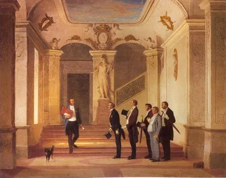 В. В. Пукирев. В присутствии (Выход начальника). Вторая половина 1860-х - 1870-е. Холст, масло. 51,7 х 64,7