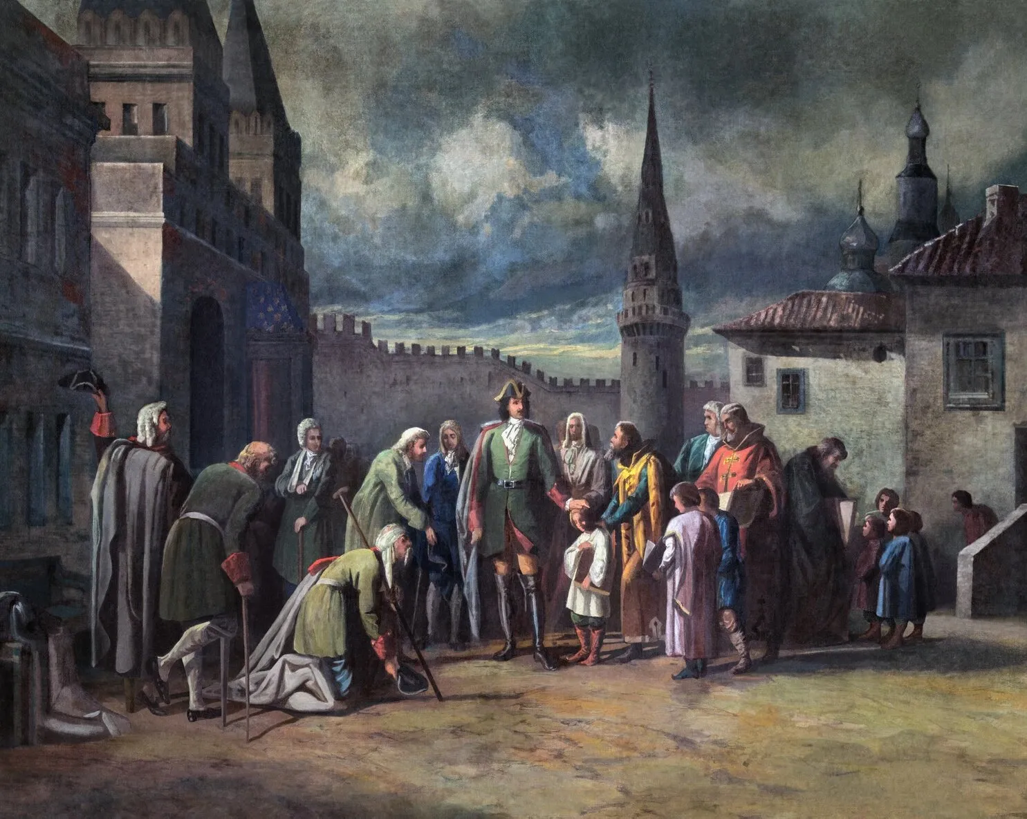 М. Бочаров. Посещение царем богадельни и школы. 1872. Холст, клеевая краска. ГРМ