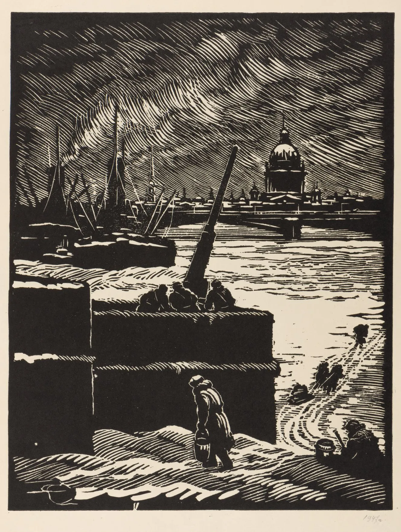 На Неве. 1941–1947. Бумага, линогравюра. И.: 20 х 15. Собрание Евгения Герасимова.