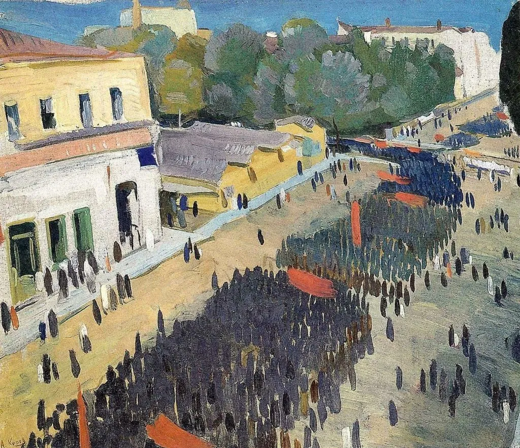 Алексей Карев. Демонстрация у завода. 1926. Холст, масло