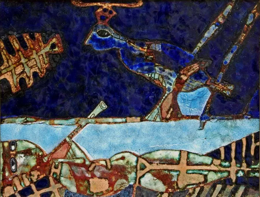 Диалог с птицей. 2001. Медь, эмаль. 30х40