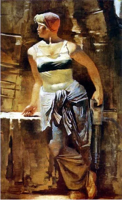 Метростроевка со сверлом. 1937. Холст, масляно-восковая темпера. 205 x 130. ГРМ