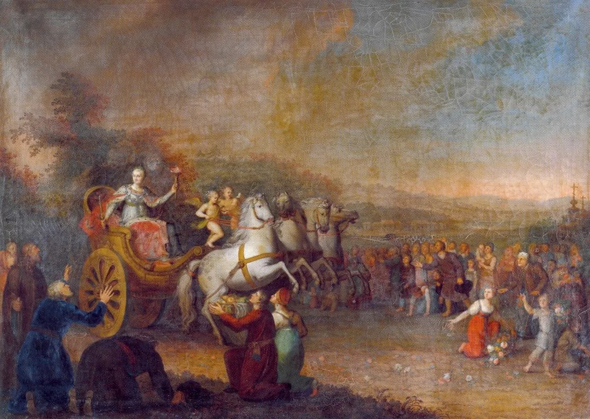 Фердинанд Мейс (?). Путешествие Екатерины II по России в 1787 году. Аллегорическая картина. 1790-е. Холст, масло. 122 х 169. ГРМ