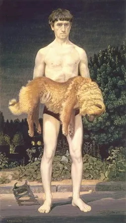 ЧЕЛОВЕК С УБИТОЙ СОБАКОЙ.1976 ДСП, ТЕМПЕРА. 117,5Х65,5 СОБРАНИЕ АВТОРА