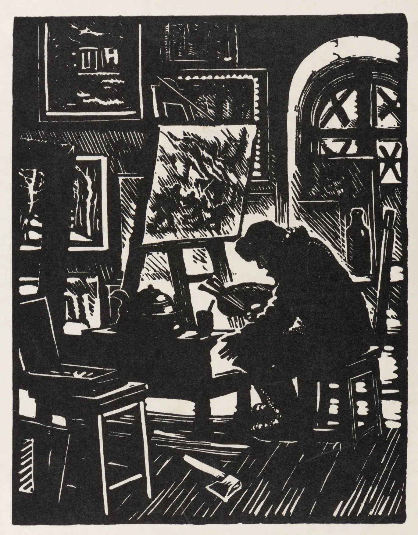 В мастерской художника. 1944. Бумага, линогравюра. И.: 23 х 18. Собрание Евгения Герасимова.