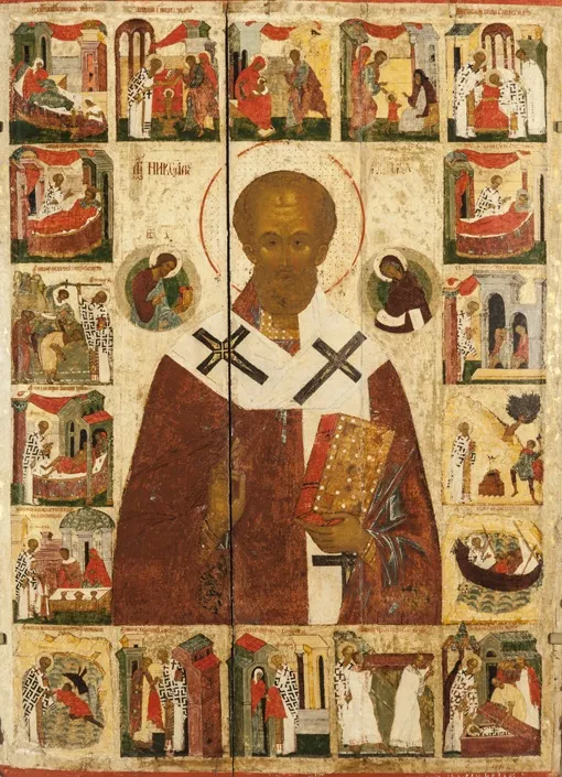 Святитель Николай Мирликийский, с житием в 18 клеймах. Конец XV — начало XVI века. Новгород. Дерево, левкас, темпера, золочение