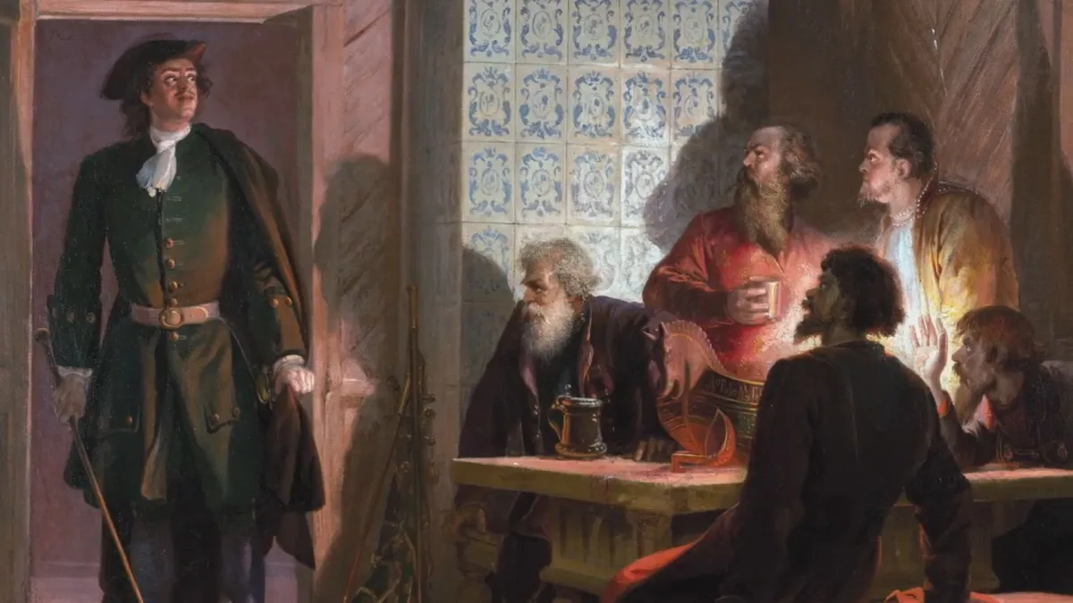 Петр I накрывает заговорщиков в доме Цыклера 23 февраля 1697 года. Шарлемань А.И. 1884