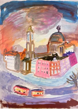 В.П. Янова. Трамвай на Среднем проспекте. Первая половина 1950-х. Бумага, акварель, гуашь. 70х50