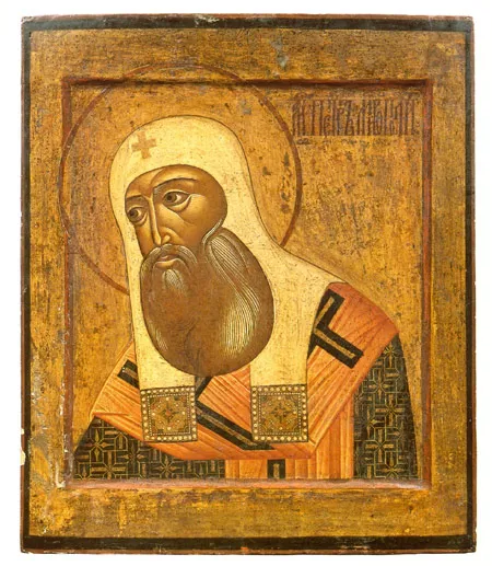 Святой Петр, митрополит Московский. Икона-спилок. 1630-е. Антикварная реставрация. Дерево (доска цельная), две врезные встречные шпонки. Темпера. 44,6 х 37,6 х 2. 