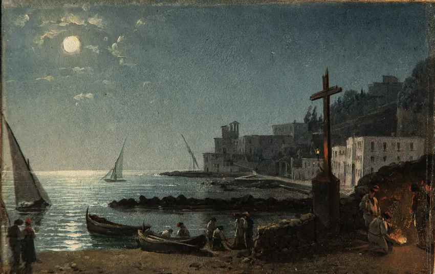 С.Ф. Щедрин. Неаполь. Набережная Мерджеллина в лунную ночь. Конец 1820-х. Бумага на картоне, масло. 11 x 17,5. ГРМ
