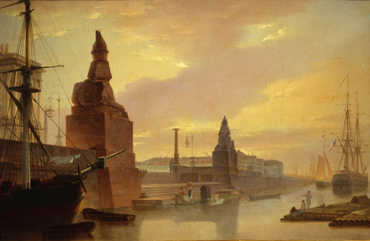 Набережная Невы у Академии художеств. Вид пристани с египетскими сфинксами днем