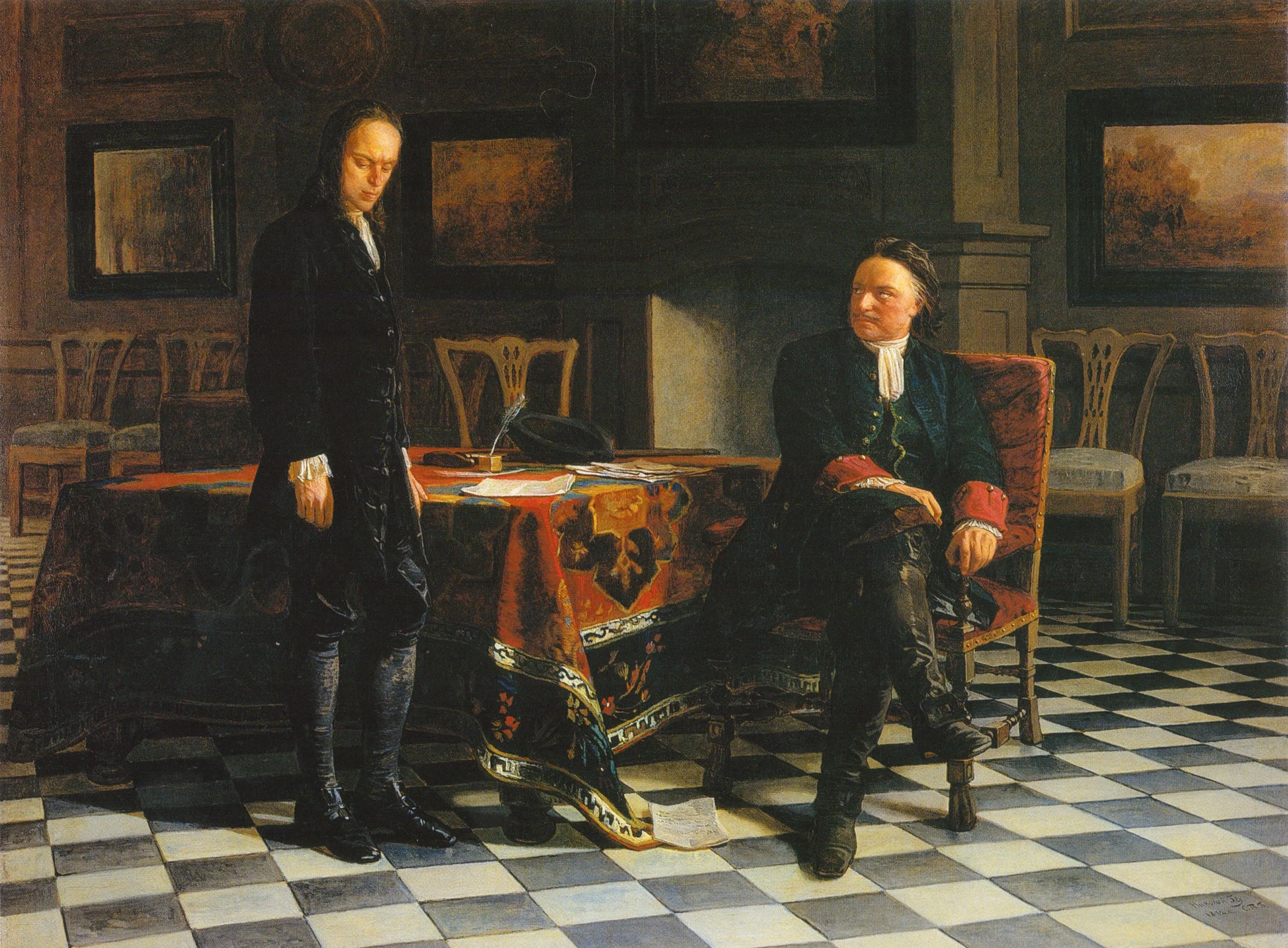 Н.Н.Ге. Петр Первый допрашивает царевича Алексея в Петергофе, 1872, Холст, масло