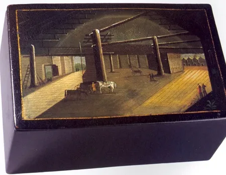 Коробка для чая 'Интерьер конюшни'. 1850-е. Мастерская О. Ф. Вишнякова.