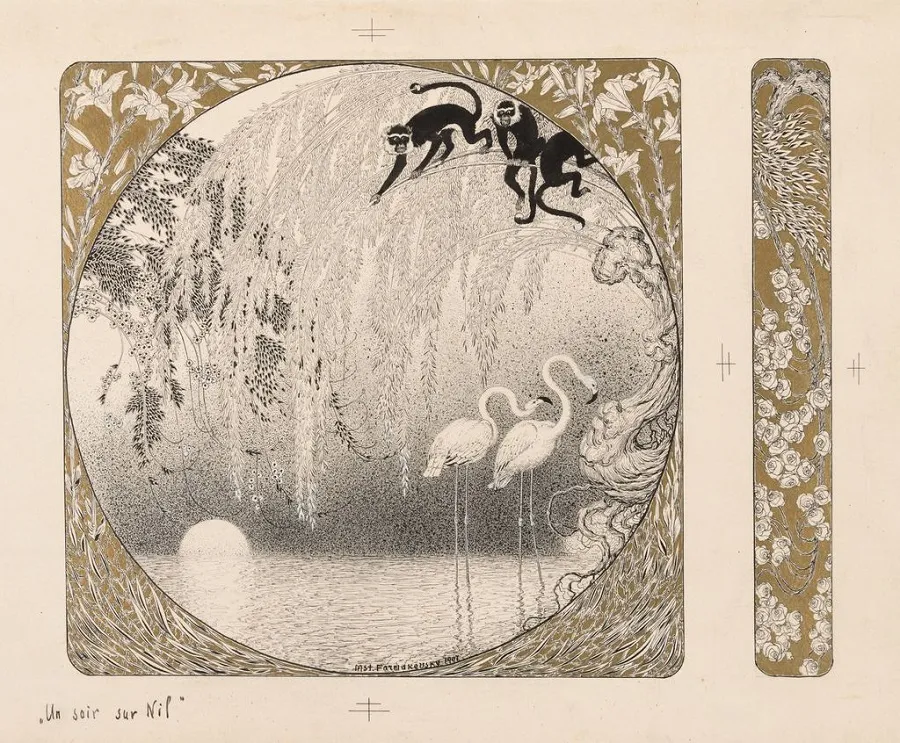 М.В. Фармаковский. Вечер на Ниле. Воспроизведено в журнале "Art et Décoration" 1907 г. 1907. Картон, тушь, бронза, белила