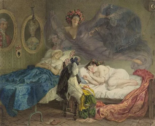 К.П. Брюллов. Сон бабушки и внучки. 1829. Бумага на картоне, акварель, бронзовая краска, лак