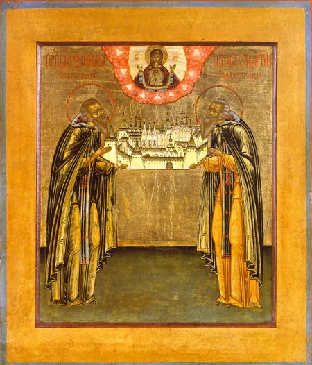Преподобные Зосима и Савватий Соловецкие. Конец XVIII века. Выг. Дерево (доска с низким ковчегом), торцовые шпонки; темпера. 35 х 29,8 х 3. 