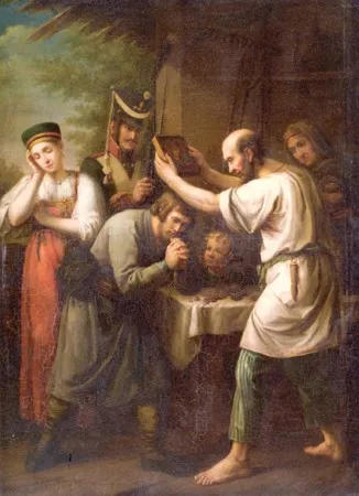 И.В. Лучанинов. Благословение ополченца 1812 года. 1812. Холст, масло. 198х140