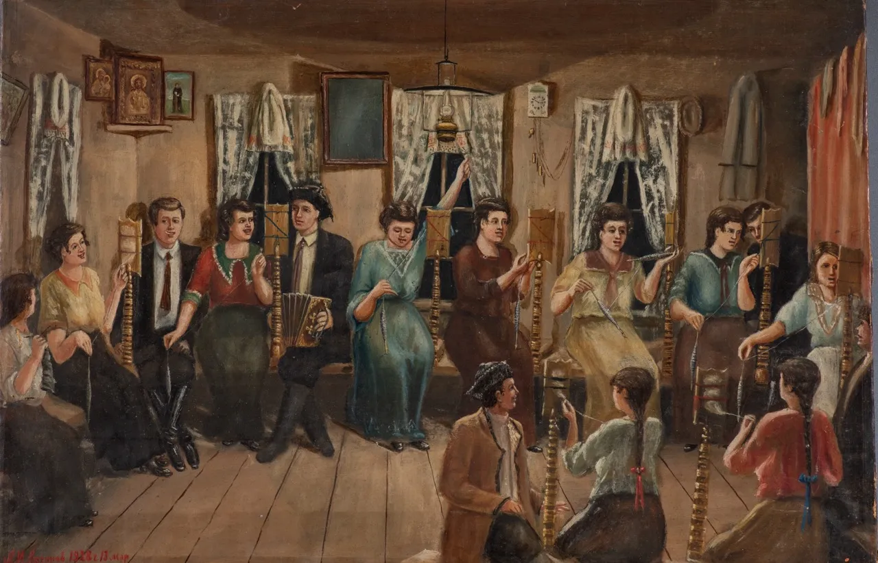 Логинов А. И. Посиделки. 1928. Ленинградская область. Дерево, масло. ГРМ.