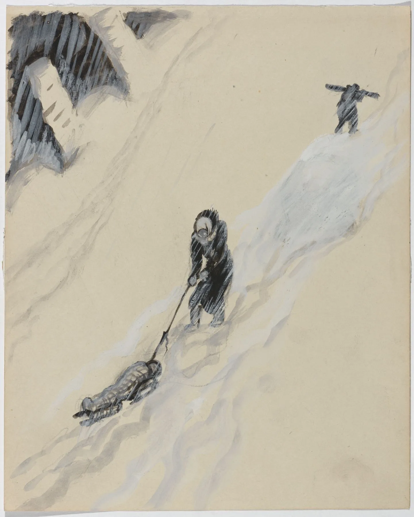 Женщина, везущая санки с трупом. Зима 1941–1942. 1941–1947. Бумага, черная акварель, белила. И.: 25,5 х 20,5. Собрание Евгения Герасимова