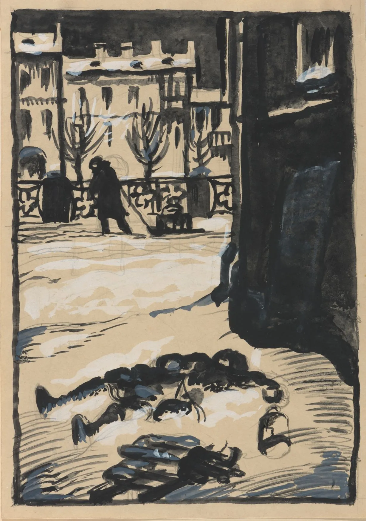 Жертва обстрела. 1941–1947. Бумага, черная акварель, белила. И.: 27,5 х 19. Собрание Евгения Герасимова