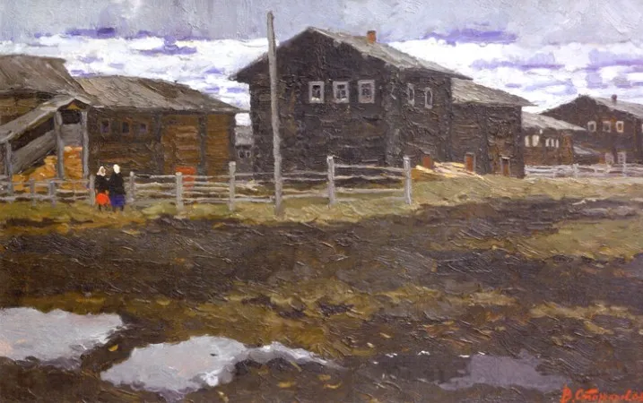 Стожаров В.Ф. Весенний хмурый день. 1965. Картон, масло. 45х70