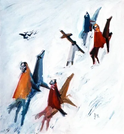 Люди в ярких одеждах-1. 1990. Холст, масло.160х150