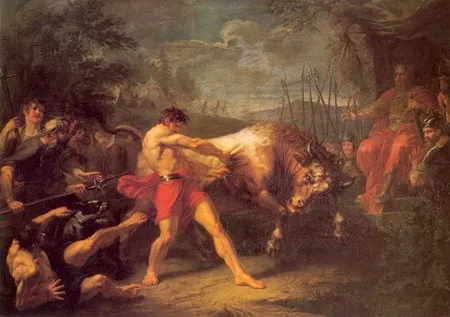 Г.И.Угрюмов. Испытание силы Яна Усмаря.1796. Холст, масло. 283 х 404