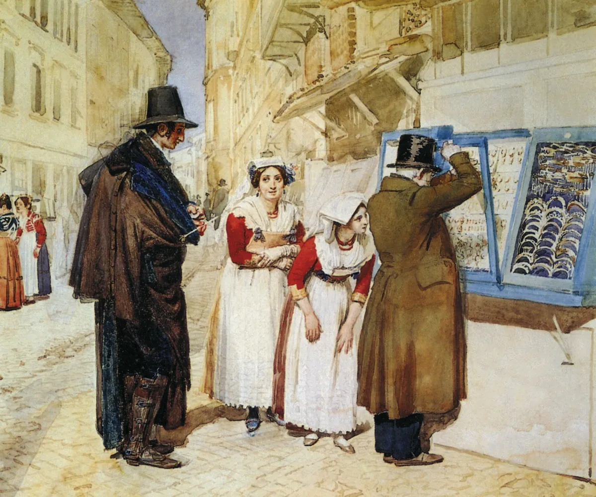Александр Иванов.  Жених, покупающий кольцо для невесты. 1839. Бумага, акварель.