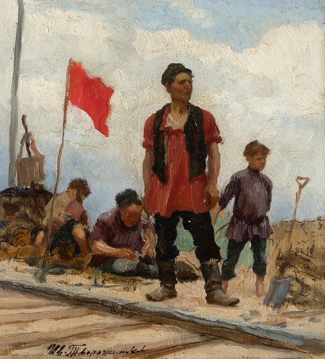 Творожников И.И. Железнодорожные рабочие. Конец 1910-х. Холст на картоне, масло