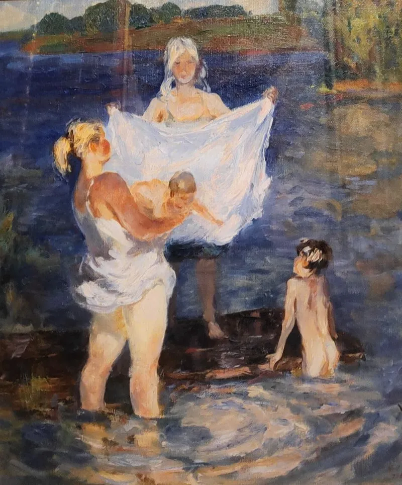 Юрий Пенушкин. Купание ребенка в летний день. 1985. Холст, масло