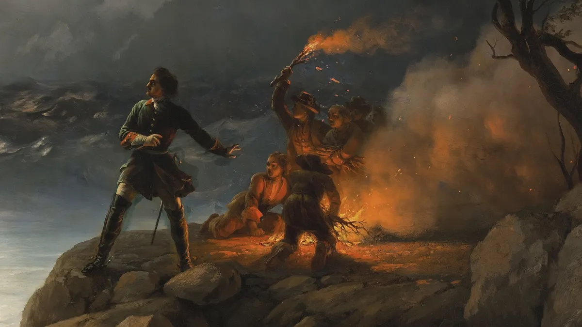 Айвазовский И.К. Петр I при Красной горке, зажигающий костер на берегу для подачи сигнала гибнущим судам своим